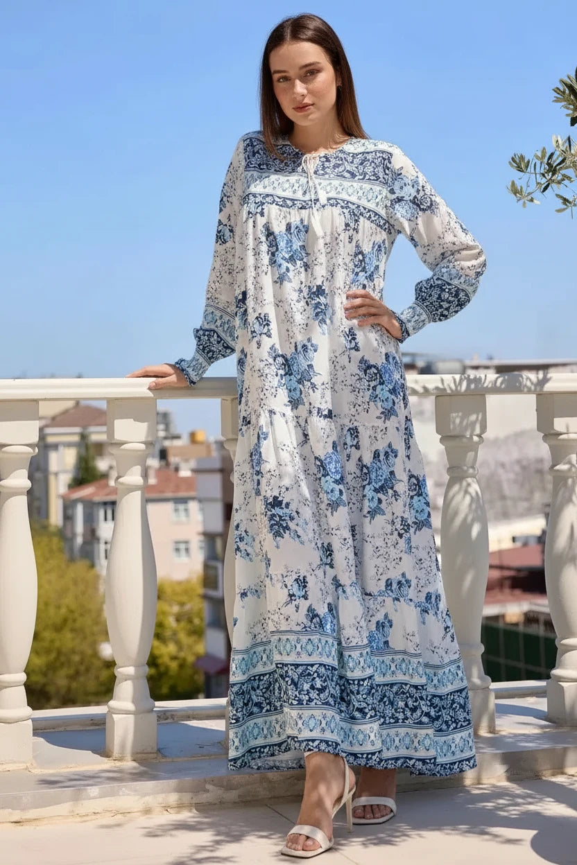 Kadın Yuvarlak Yaka Beli Büzgülü Uzun Kol Çiçek Desenli Viskon Beyaz Elbise