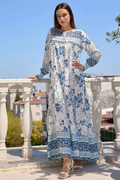 Kadın Yuvarlak Yaka Beli Büzgülü Uzun Kol Çiçek Desenli Viskon Beyaz Elbise