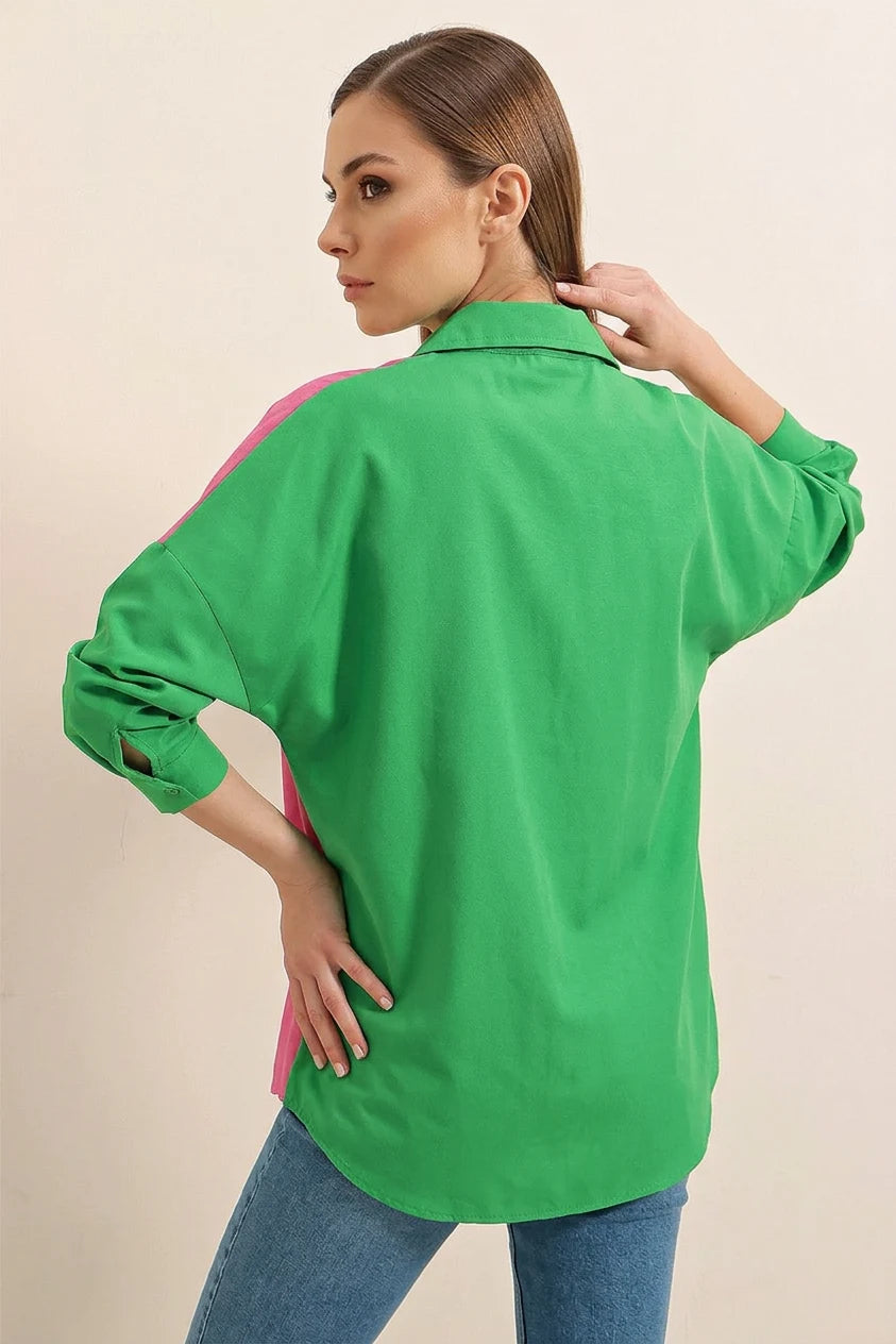 Kadın Blok Renkli Oversize Pamuklu Gömlek