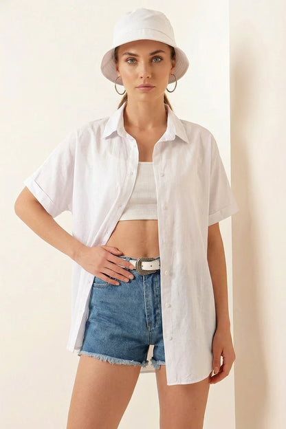 Kadın Kısa Kol Oversize Pamuklu Gömlek