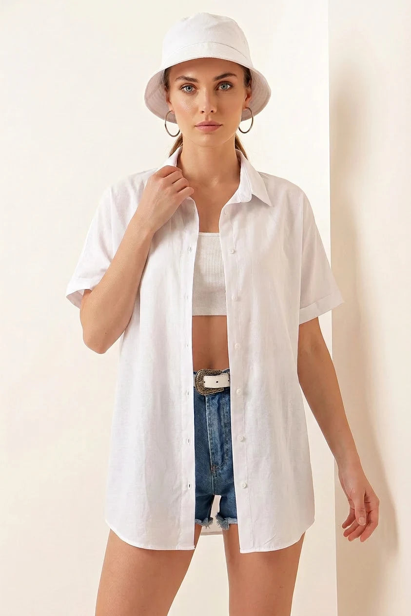 Kadın Kısa Kol Oversize Pamuklu Gömlek