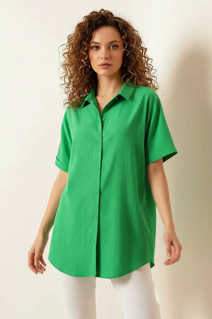 Kadın Kısa Kol Oversize Pamuklu Gömlek