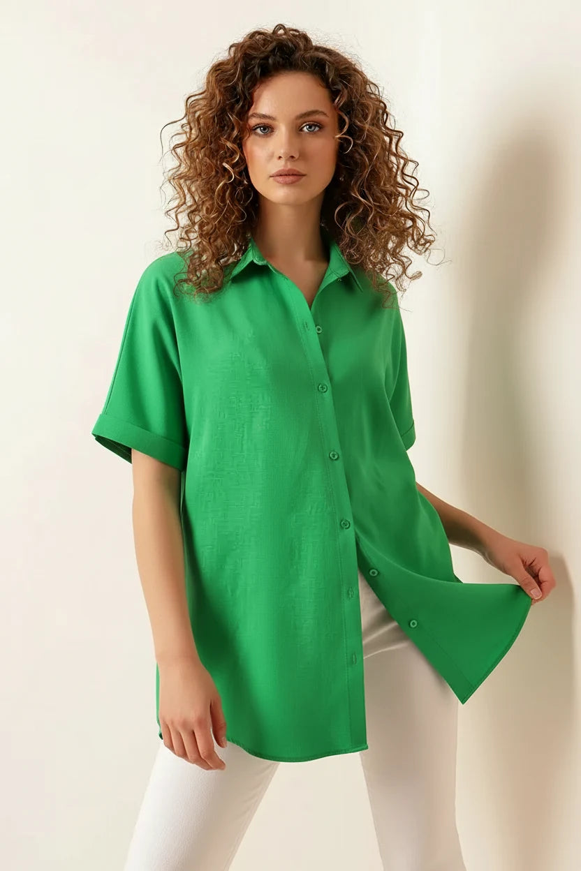 Kadın Kısa Kol Oversize Pamuklu Gömlek