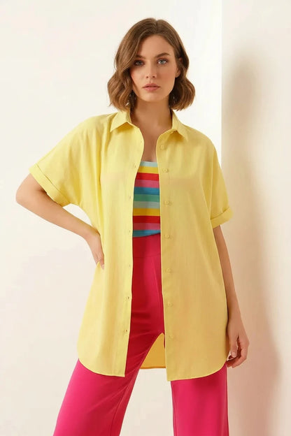 Kadın Kısa Kol Oversize Pamuklu Gömlek
