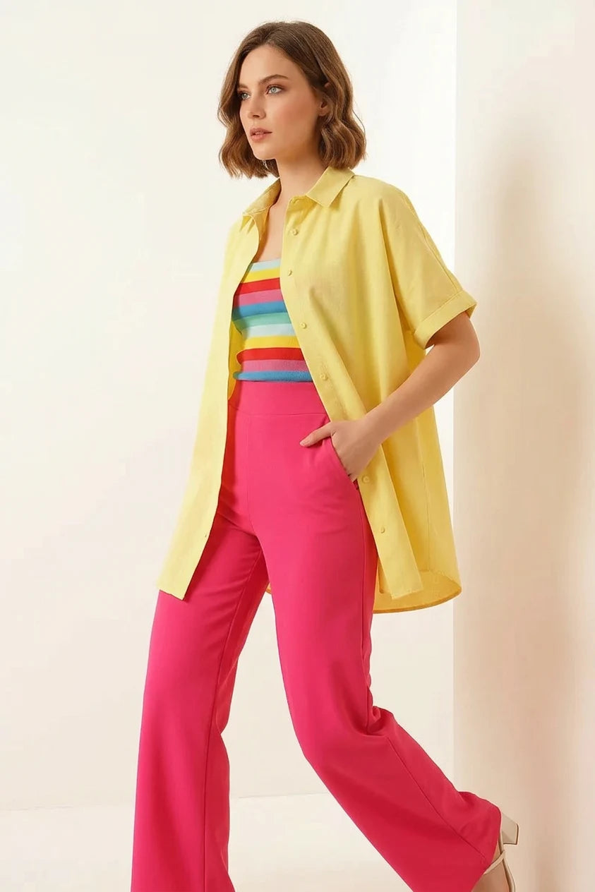 Kadın Kısa Kol Oversize Pamuklu Gömlek
