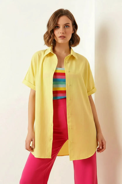 Kadın Kısa Kol Oversize Pamuklu Gömlek