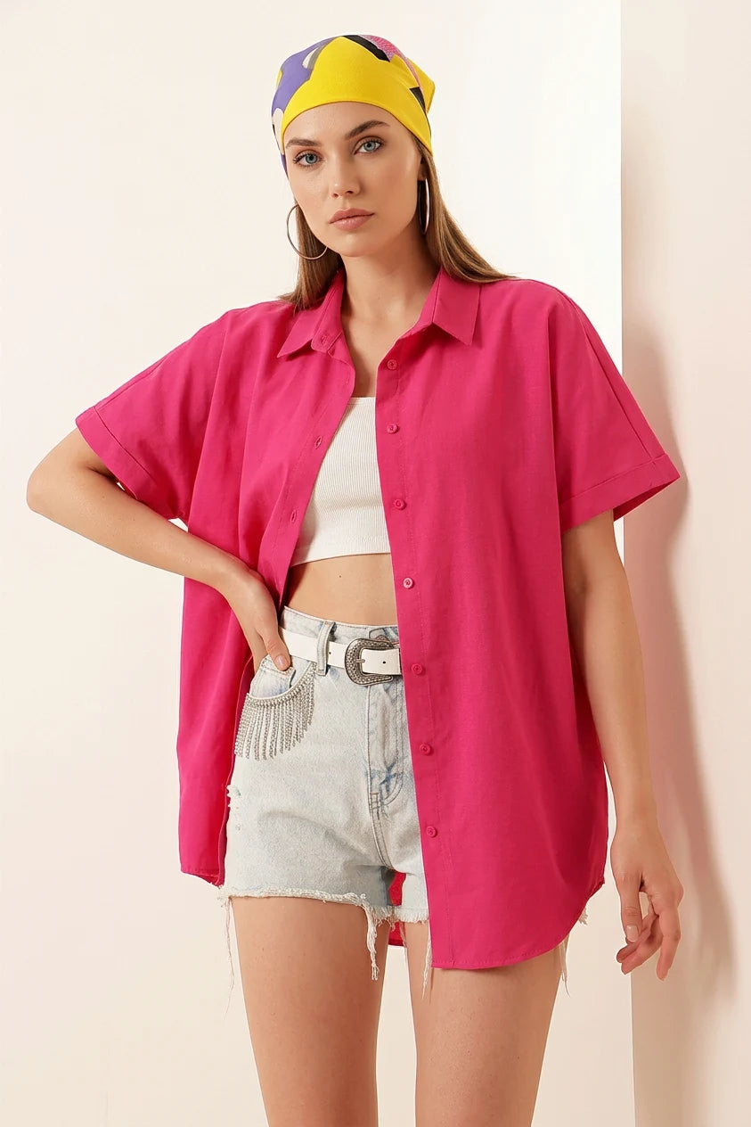 Kadın Kısa Kol Oversize Pamuklu Gömlek