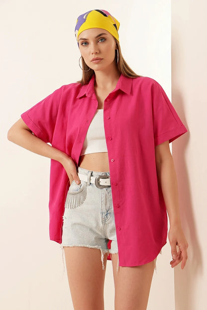 Kadın Kısa Kol Oversize Pamuklu Gömlek