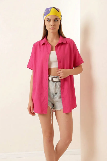 Kadın Kısa Kol Oversize Pamuklu Gömlek