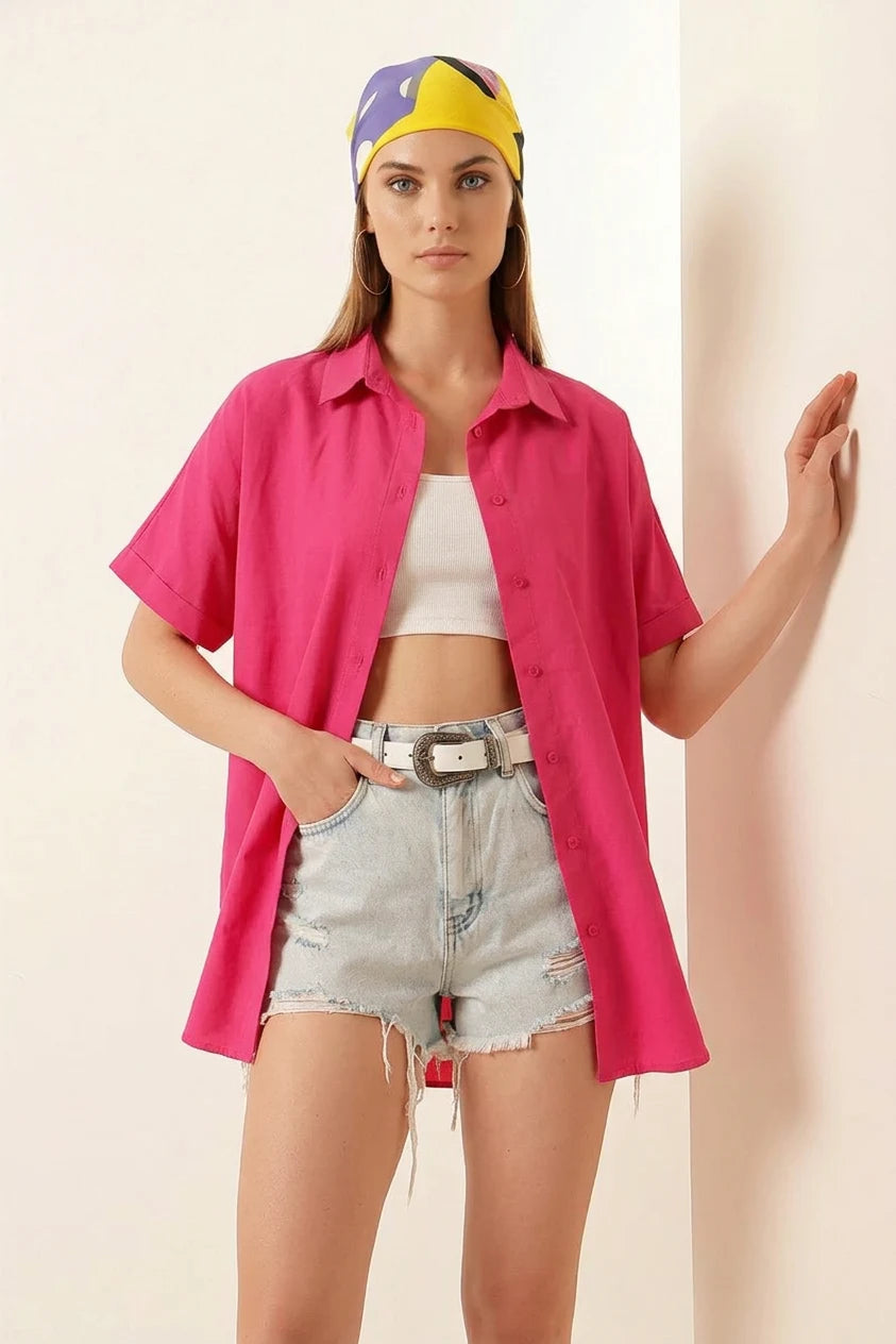 Kadın Kısa Kol Oversize Pamuklu Gömlek