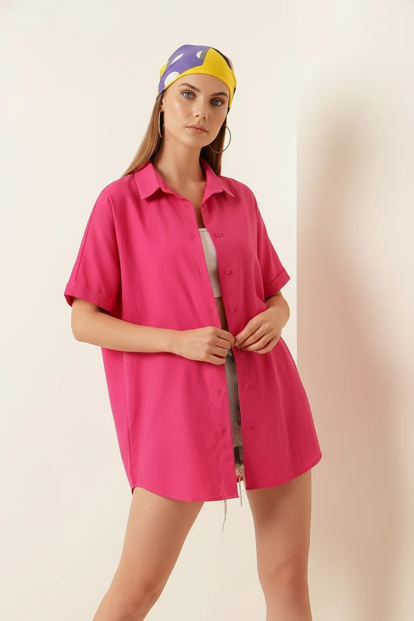 Kadın Kısa Kol Oversize Pamuklu Gömlek