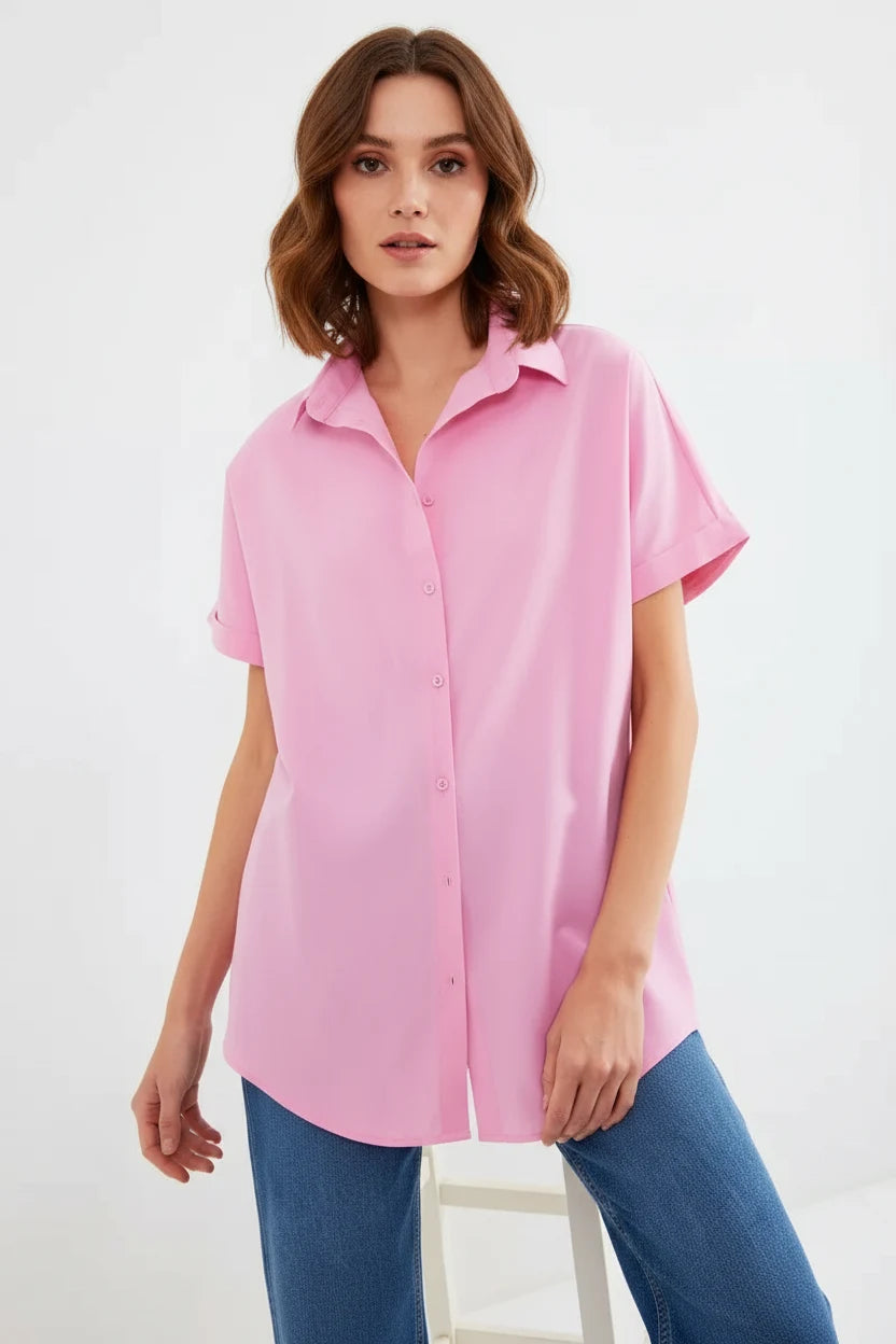 Kadın Kısa Kol Oversize Pamuklu Gömlek