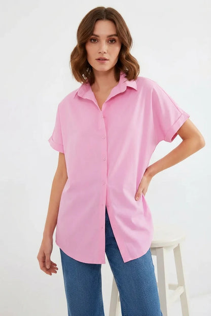 Kadın Kısa Kol Oversize Pamuklu Gömlek
