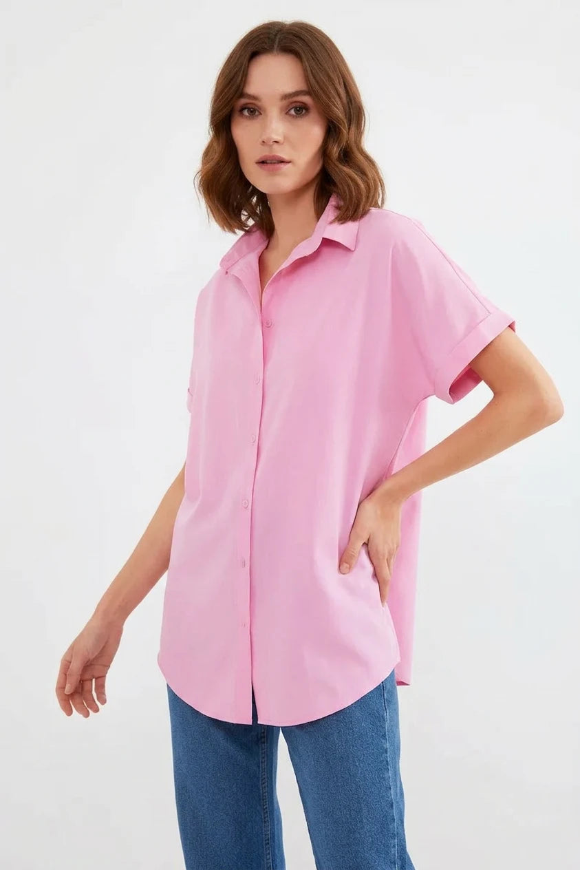 Kadın Kısa Kol Oversize Pamuklu Gömlek