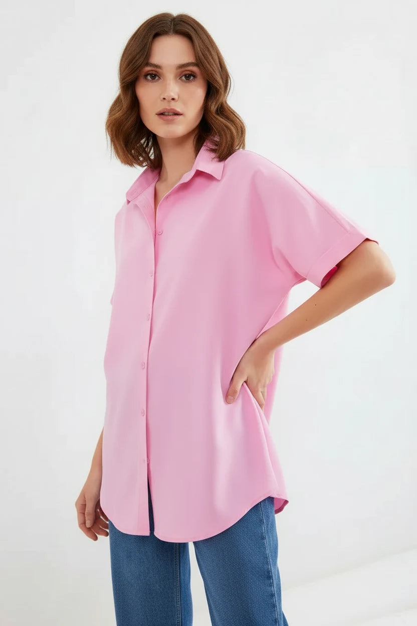 Kadın Kısa Kol Oversize Pamuklu Gömlek