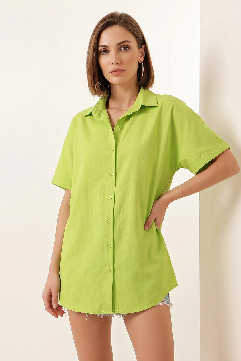 Kadın Kısa Kol Oversize Pamuklu Gömlek