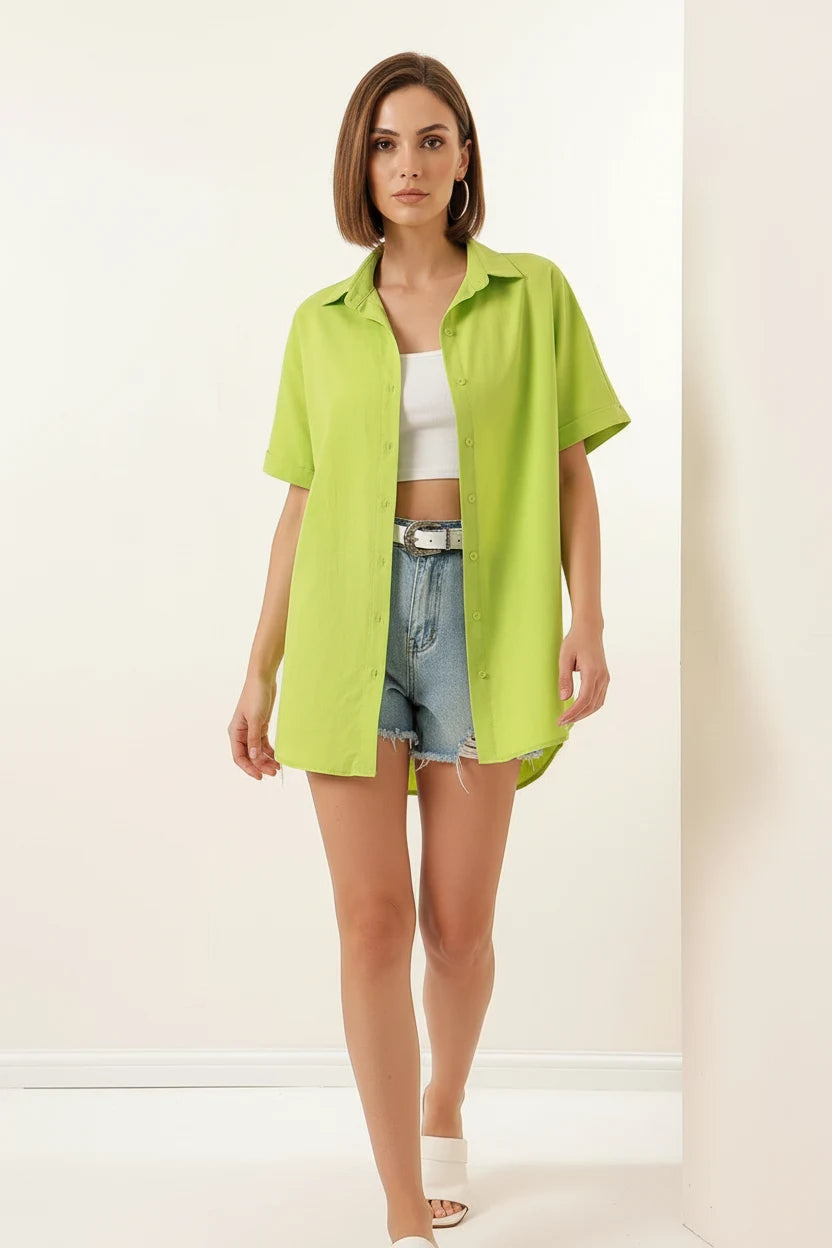 Kadın Kısa Kol Oversize Pamuklu Gömlek