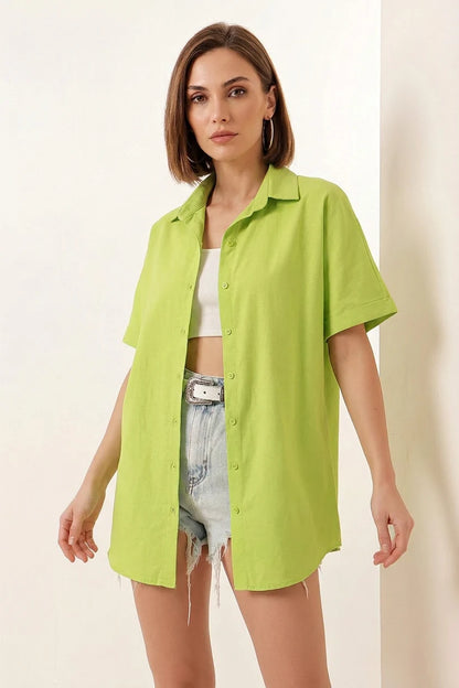 Kadın Kısa Kol Oversize Pamuklu Gömlek