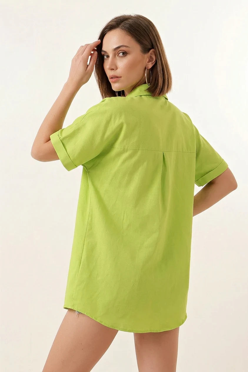 Kadın Kısa Kol Oversize Pamuklu Gömlek