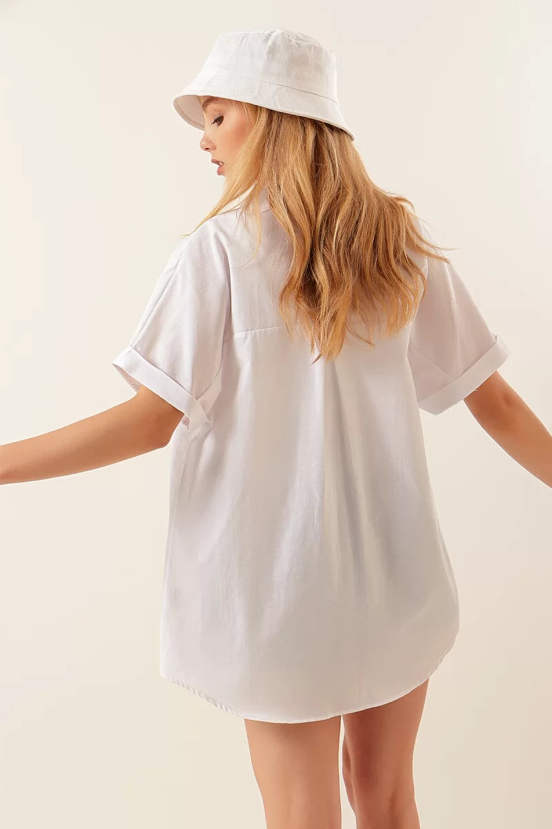Kadın Kısa Kol Oversize Pamuklu Gömlek