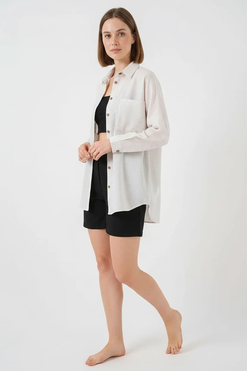 Kadın Cep Detaylı Oversize Viskon Gömlek
