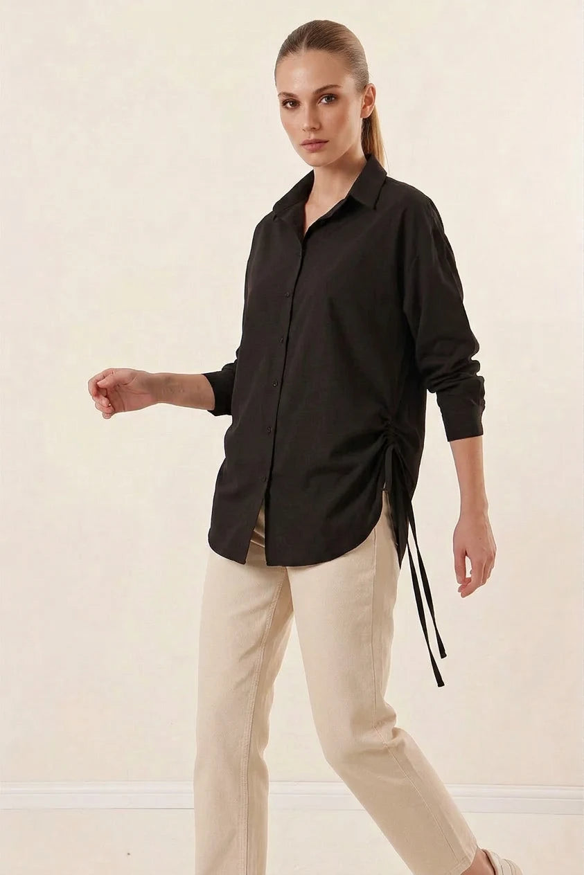 Kadın Büzgülü Oversize Uzun Basic Pamuklu Siyah Gömlek
