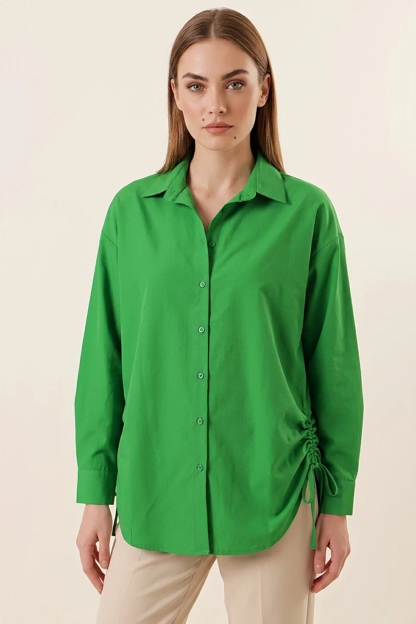 Kadın Belden Büzgülü Oversize Uzun Basic Pamuklu Yeşil Gömlek