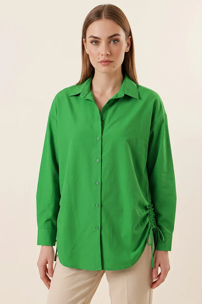 Kadın Belden Büzgülü Oversize Uzun Basic Pamuklu Yeşil Gömlek