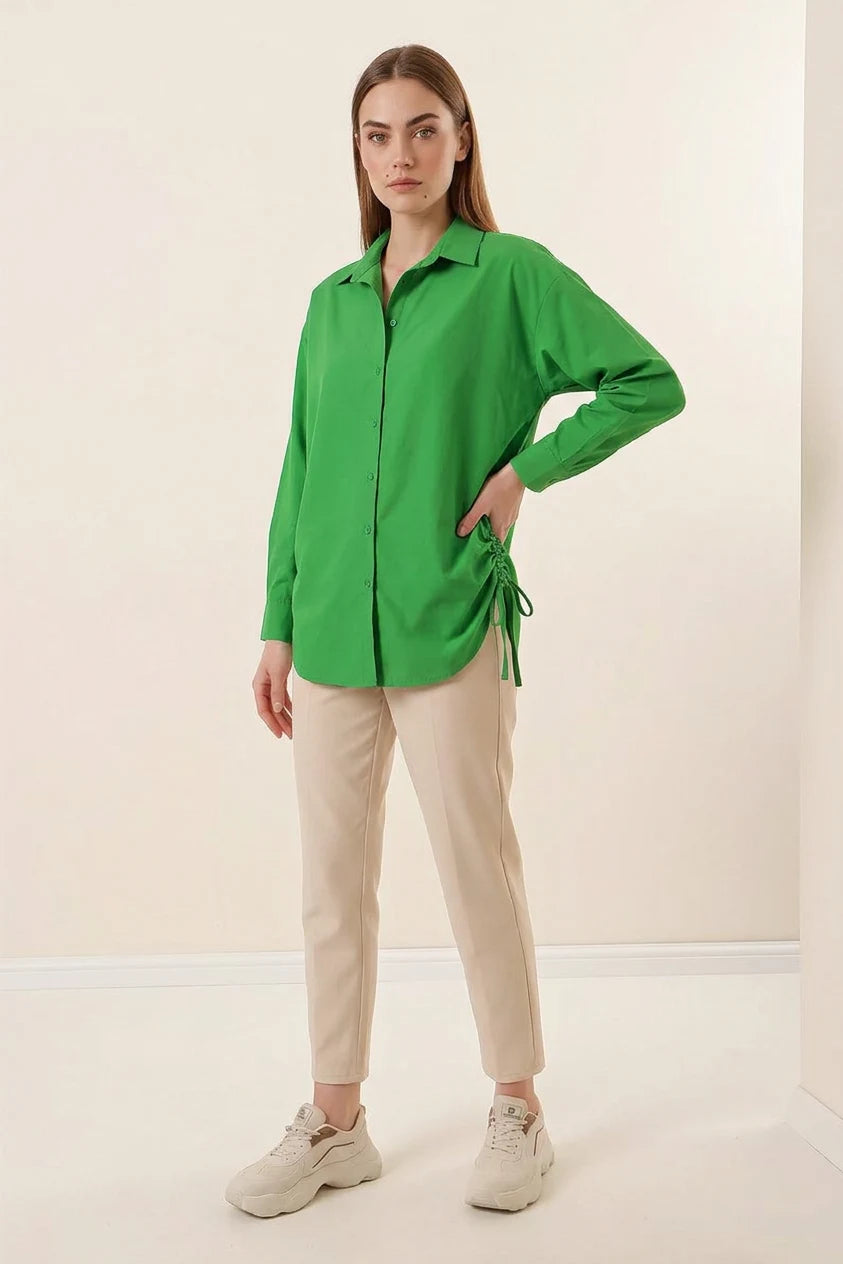Kadın Belden Büzgülü Oversize Uzun Basic Pamuklu Yeşil Gömlek