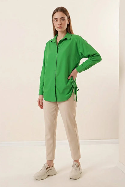Kadın Belden Büzgülü Oversize Uzun Basic Pamuklu Yeşil Gömlek