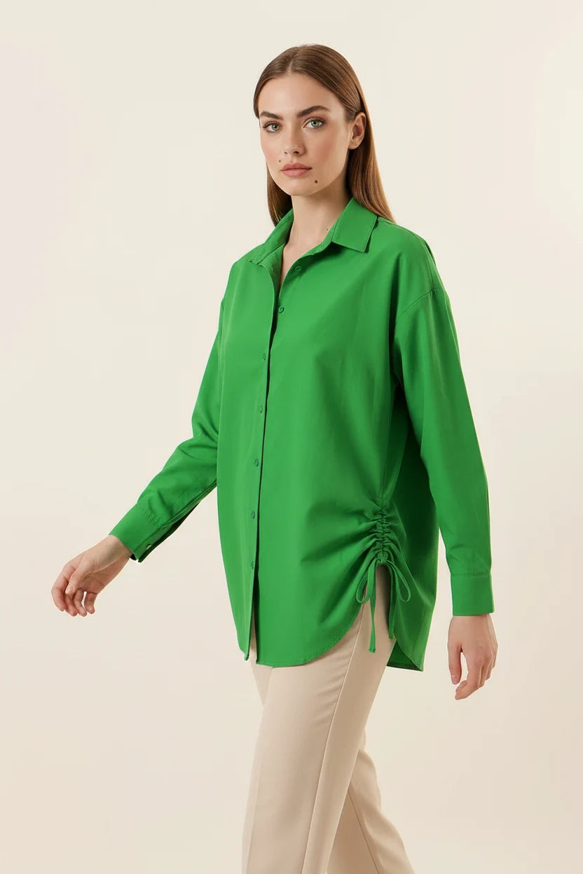 Kadın Belden Büzgülü Oversize Uzun Basic Pamuklu Yeşil Gömlek