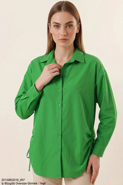 Kadın Belden Büzgülü Oversize Uzun Basic Pamuklu Yeşil Gömlek
