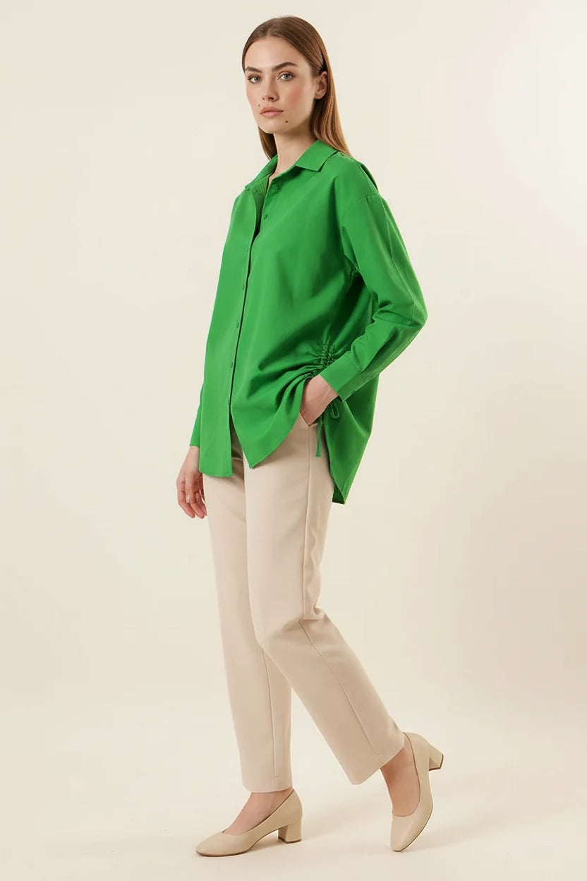 Kadın Belden Büzgülü Oversize Uzun Basic Pamuklu Yeşil Gömlek