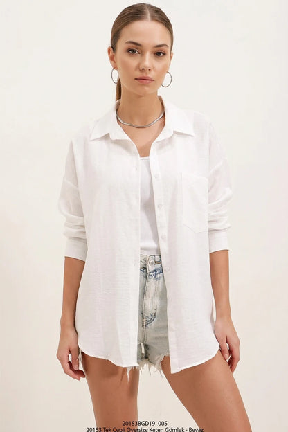 Kadın Oversize Tek Cepli Keten Beyaz Gömlek