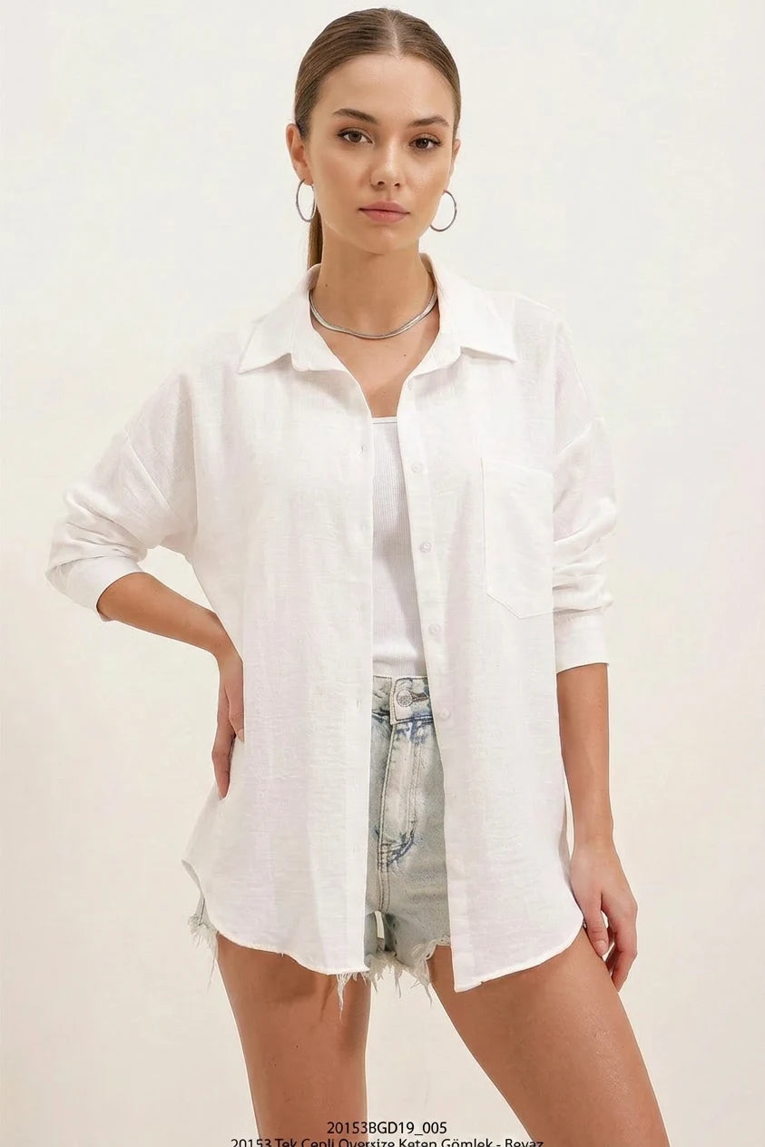 Kadın Oversize Tek Cepli Keten Beyaz Gömlek