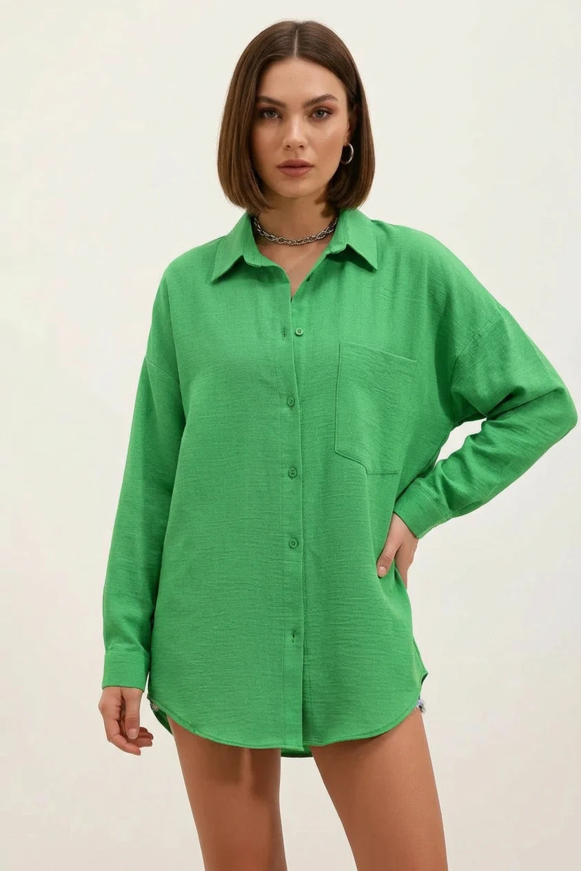 Kadın Tek Cepli Oversize Viskon Gömlek – Renk Seçenekleri 1