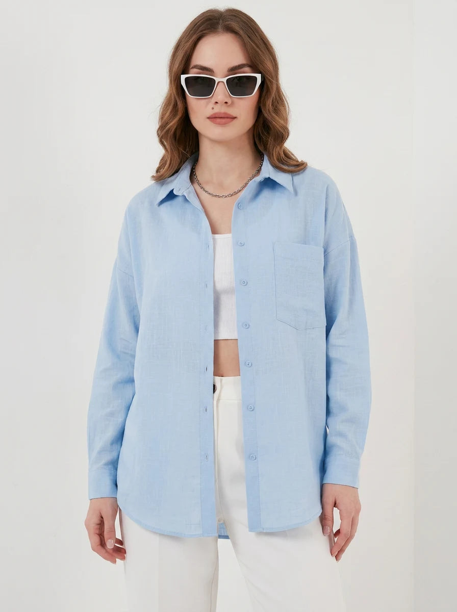 Kadın Tek Cepli Oversize Keten Buz Mavisi Gömlek