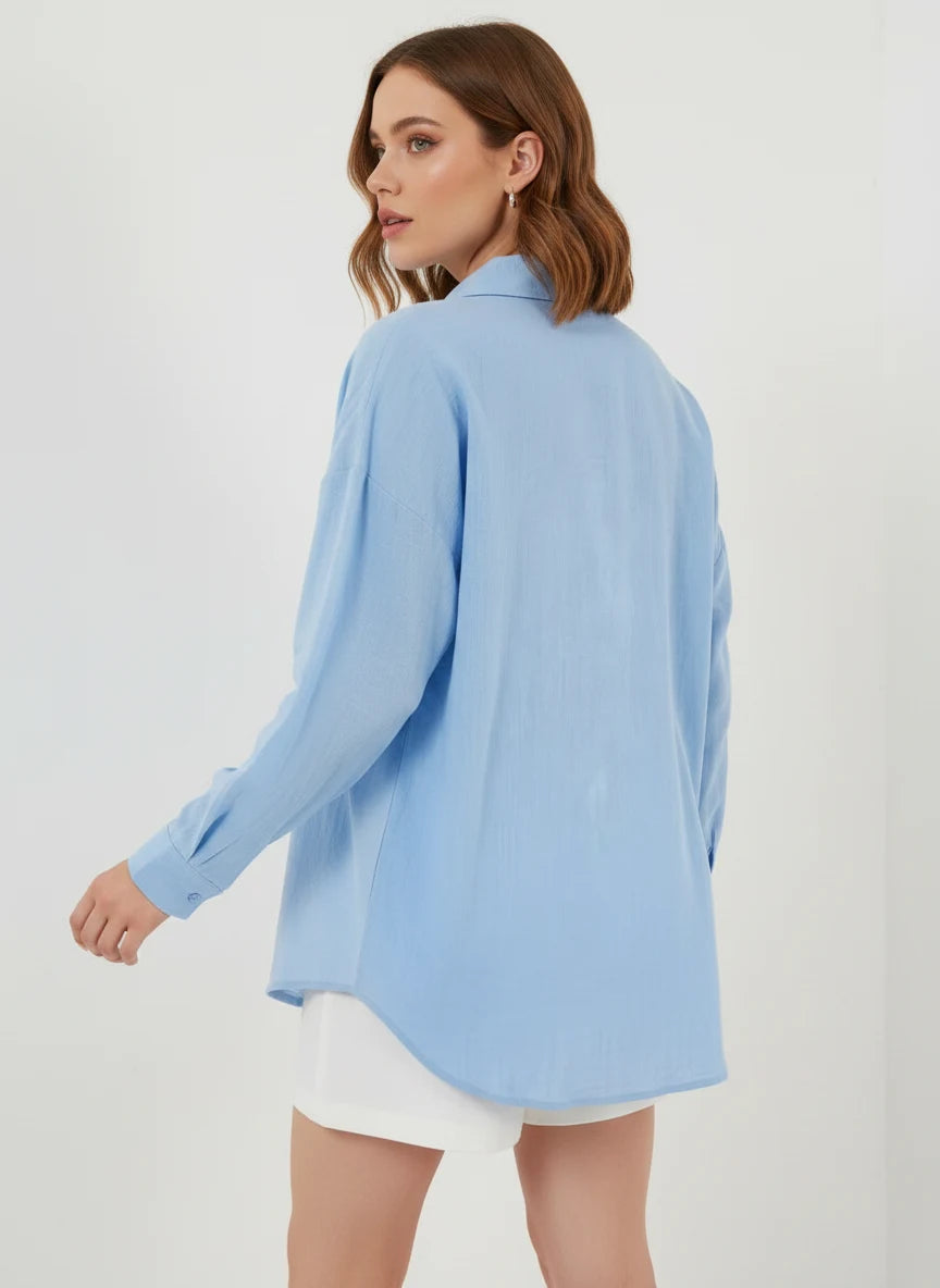 Kadın Tek Cepli Oversize Keten Buz Mavisi Gömlek