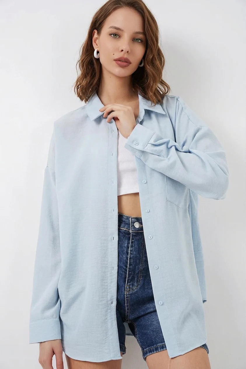 Kadın Tek Cepli Oversize Keten Buz Mavisi Gömlek