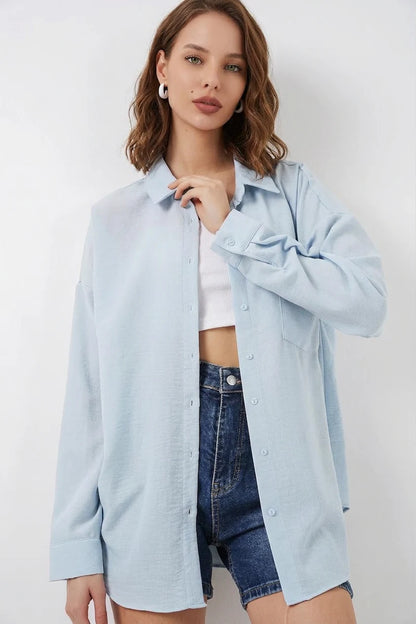 Kadın Tek Cepli Oversize Keten Buz Mavisi Gömlek