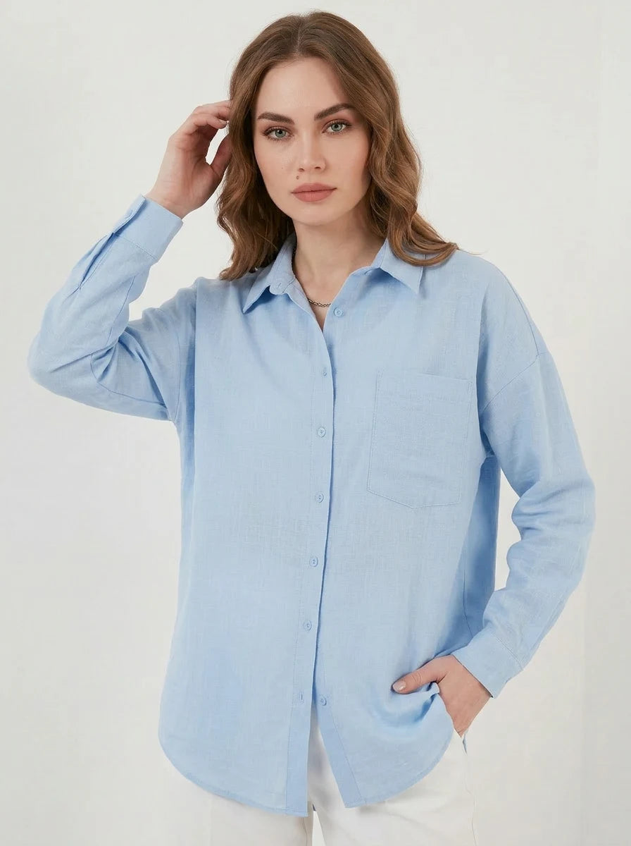 Kadın Tek Cepli Oversize Keten Buz Mavisi Gömlek