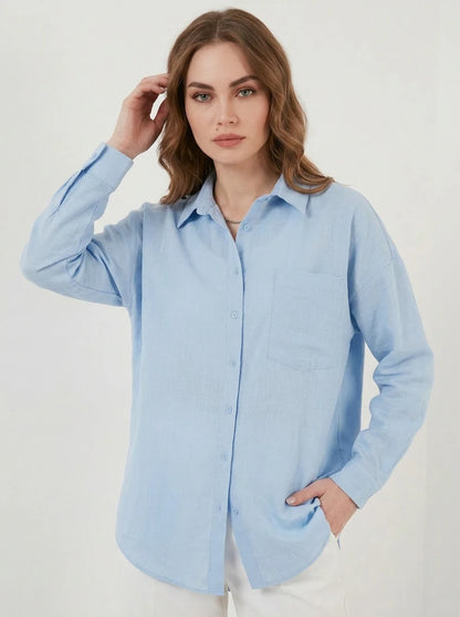 Kadın Tek Cepli Oversize Keten Buz Mavisi Gömlek