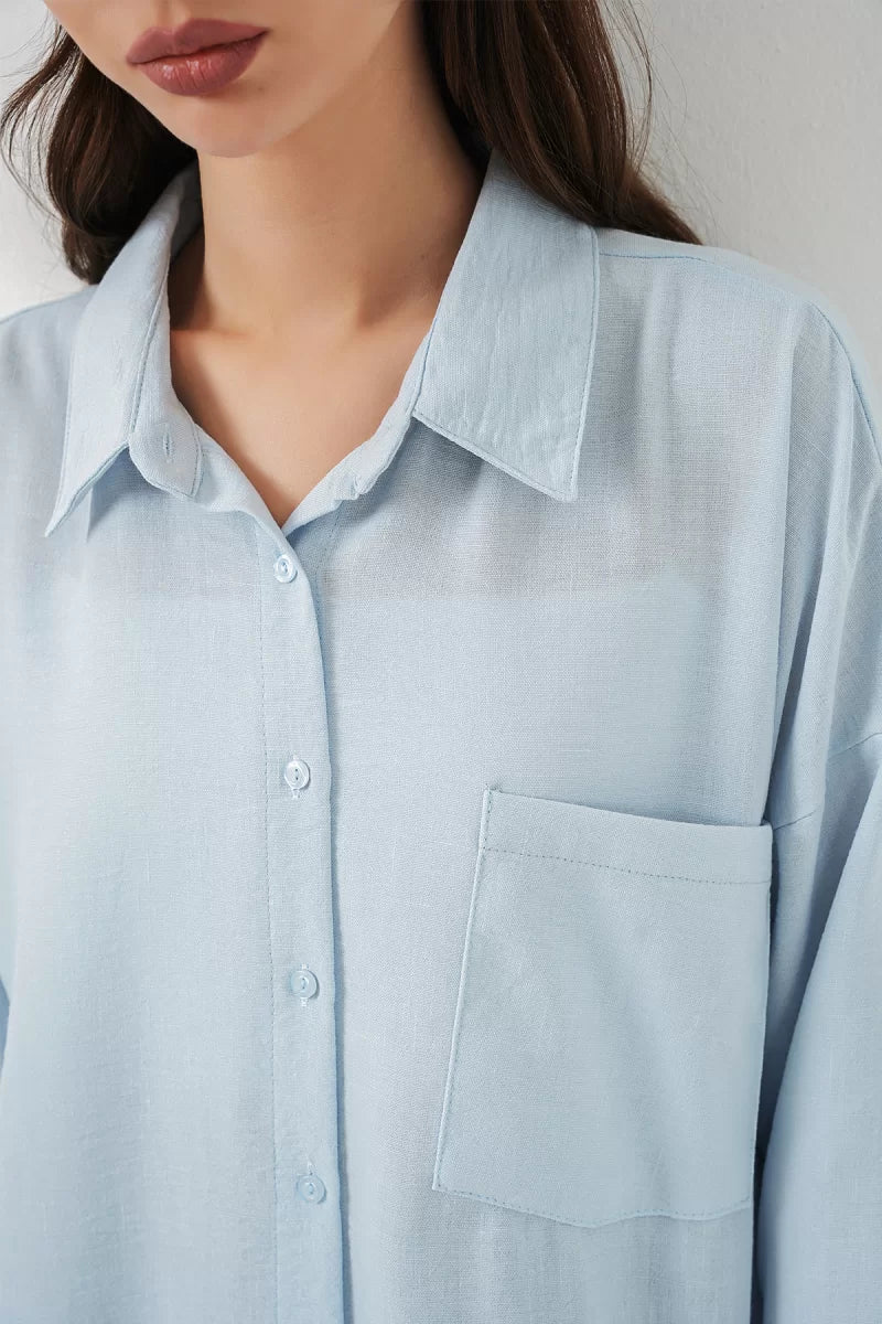 Kadın Tek Cepli Oversize Keten Buz Mavisi Gömlek