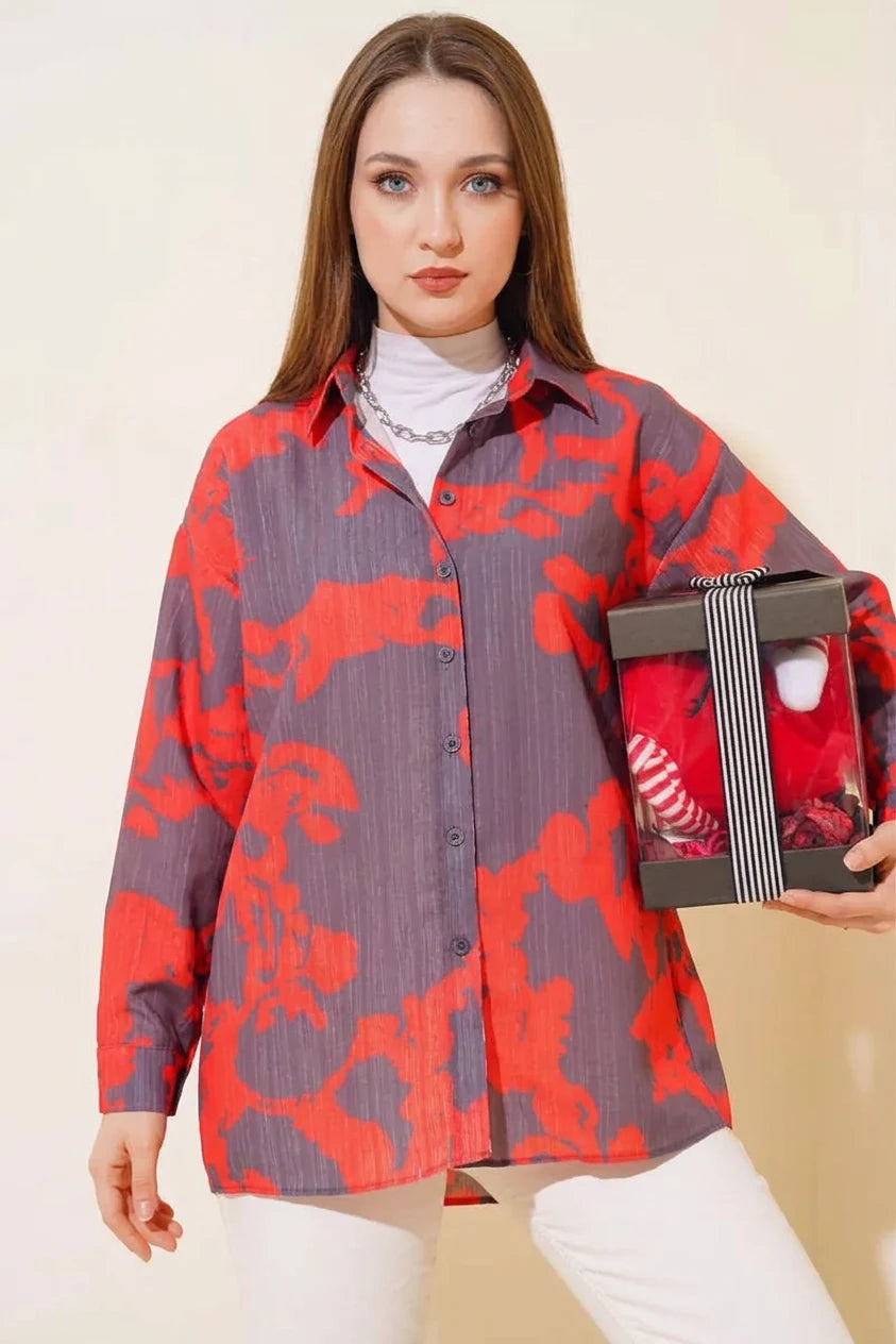 Kadın Basic Oversize Desenli Viskon Kırmızı Gömlek