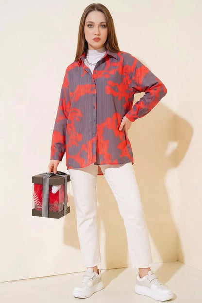 Kadın Basic Oversize Desenli Viskon Kırmızı Gömlek