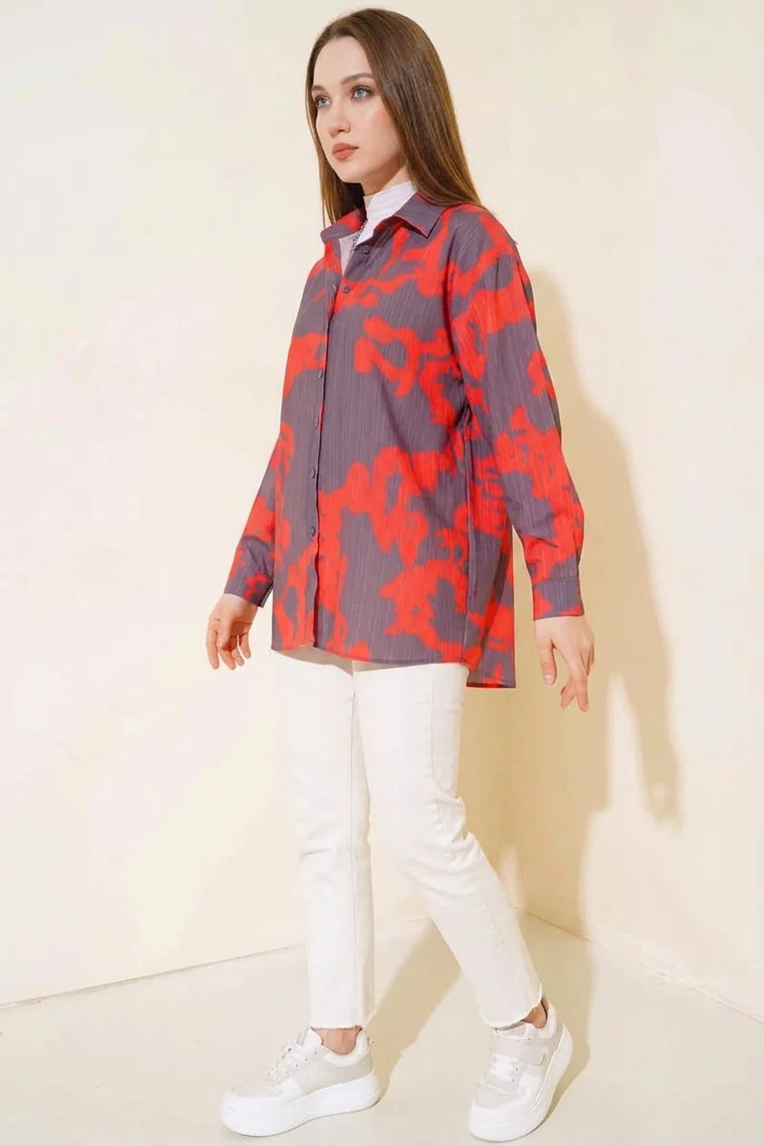 Kadın Basic Oversize Desenli Viskon Kırmızı Gömlek