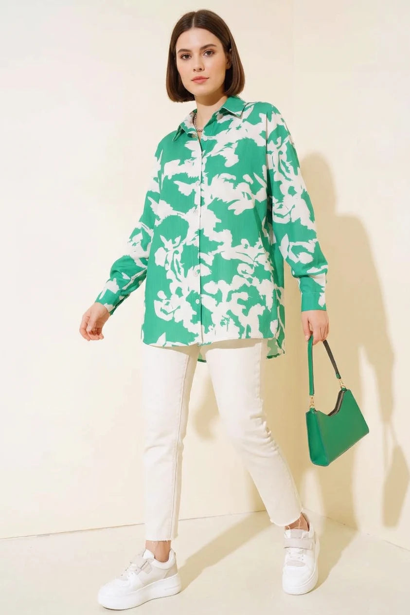 Kadın Basic Oversize Çiçek Desenli Viskon Yeşil Gömlek