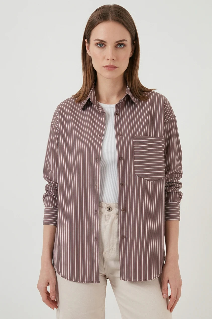 Kadın Oversize Tek Cepli Çizgili Pamuklu Gömlek