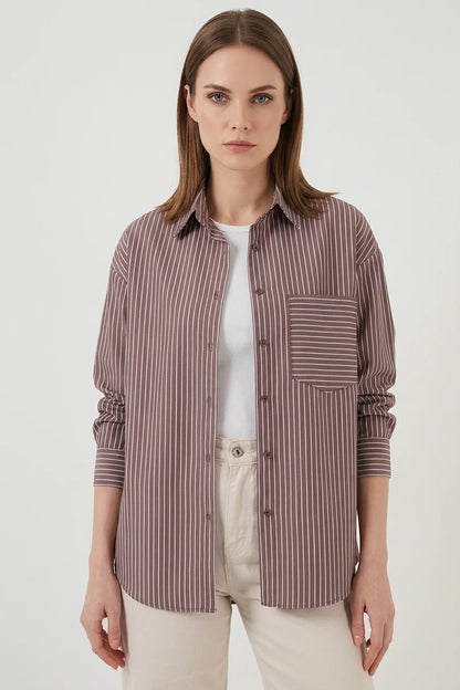 Kadın Oversize Tek Cepli Çizgili Pamuklu Gömlek