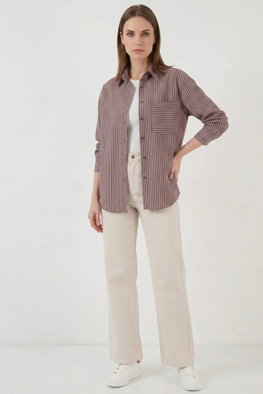 Kadın Oversize Tek Cepli Çizgili Pamuklu Gömlek